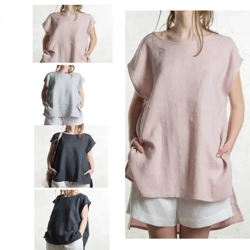 2023 spring and summer new short front and back long cotton linen bat short-sleeved T-shirt