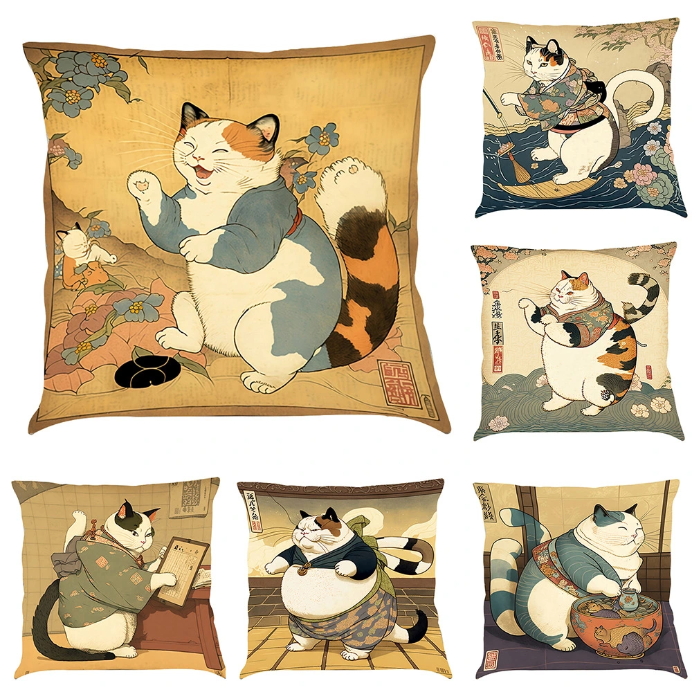 Cartoon Cat Series Printed Cotton And Linen Pillowcase