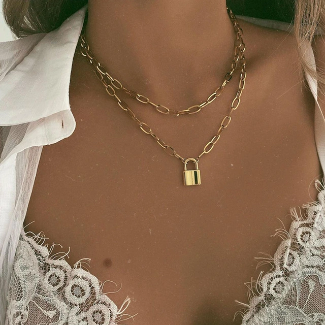 Metal Necklace Creative Ins Cold Wind Lock Hanging Card Pendant Double-layer Clavicle Chain