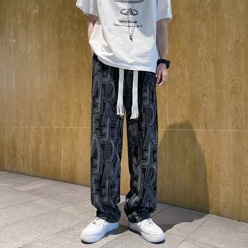 2023 personality design sense pants men's summer trendy brand fried street ins drape sense handsome straight leg wide-leg pants Harajuku style