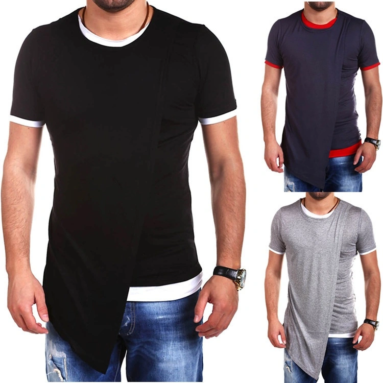 2023 new men's fake two-piece round neck T-shirt trendy men's cape irregular T-shirt short-sleeved