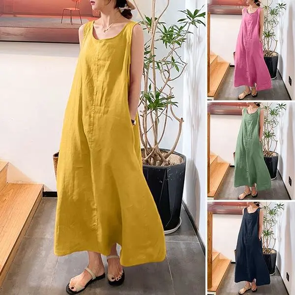 European and American Summer New Long Sling Strap Cotton Linen Simple Style Loose Pocket Round Neck Temperament Sleeveless Dress Women