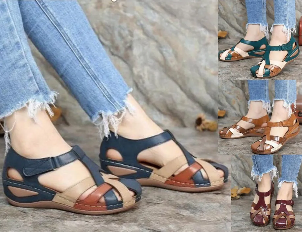 Retro Sandals Car Line Hole Shoes Large Size Round Head Wedge Heel Comfortable Sandals Women