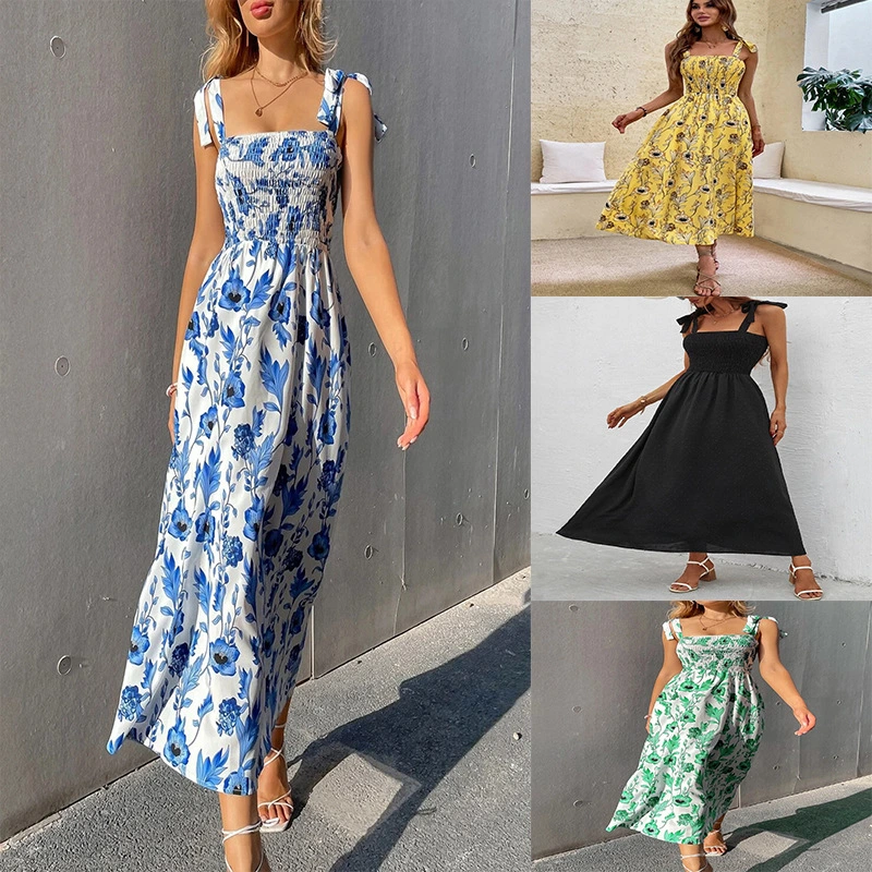 2023 European and American Sexy Slim Fit Dress Sleeveless Strap Print Temperament Women's Long Dress