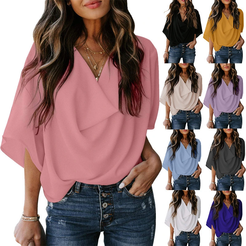 2023 European and American Chiffon Shirt Loose V-neck Casual Top T-shirt Women's Wear