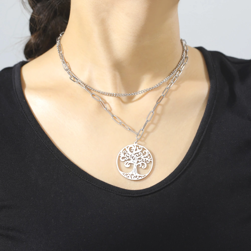 Exquisite Refined Grace Hollow Round Medium Roll Tree Pendant Stainless Steel Titanium Steel