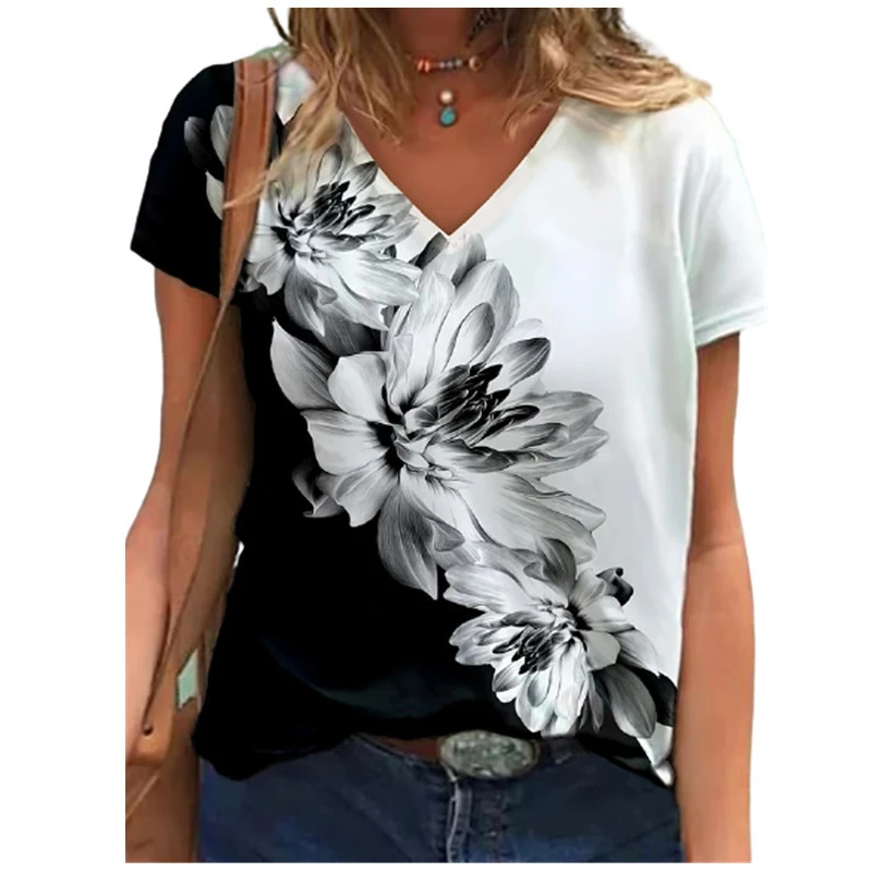 2023NEW Summer V -neck Printing Loose Women's T -shirt