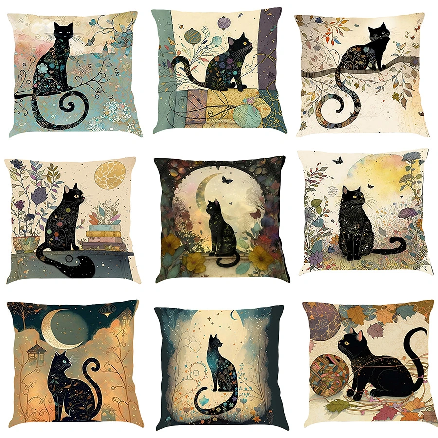 Classic Black Cat Cotton Hemp Pillow Case