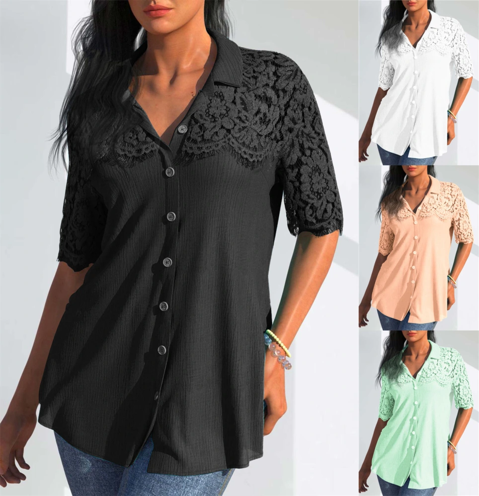 2023 Women's Fashion Short Sleeve Shirt Lace Panel Tassel Wave Shirt