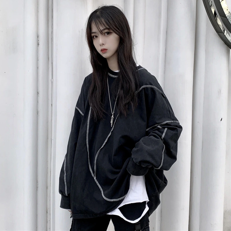 2023 autumn and winter new top women's loose personality hip-hop all-match T-shirt sweater women's trendy dark black women's clothing