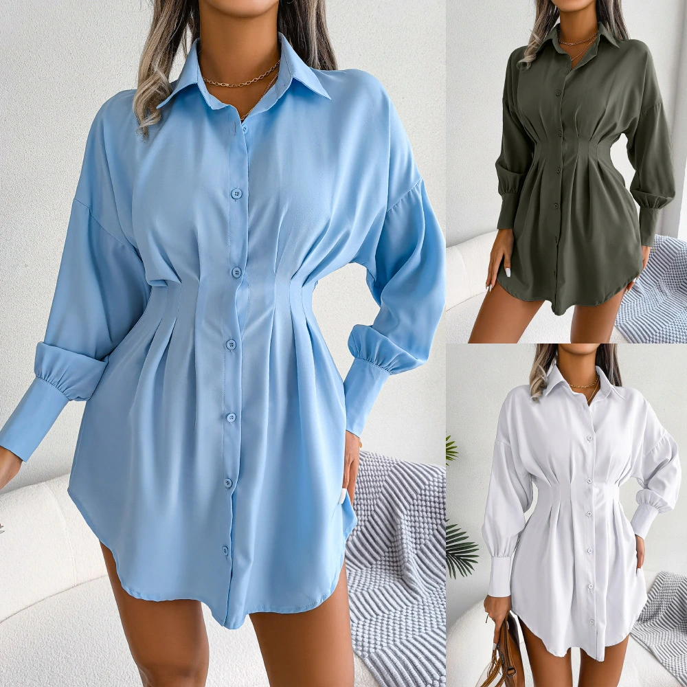 2023 casual lantern sleeve waist asymmetric dress shirt dress