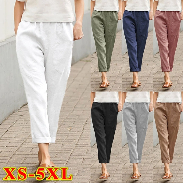 Outdoor New Women Summer Elastic Waist Loose Solid Pants Ladies Cotton Linen Trousers 5XL