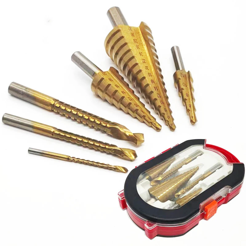 Stepped Serrated Drill 6-Piece Set Triangular Handle Titanium Plating