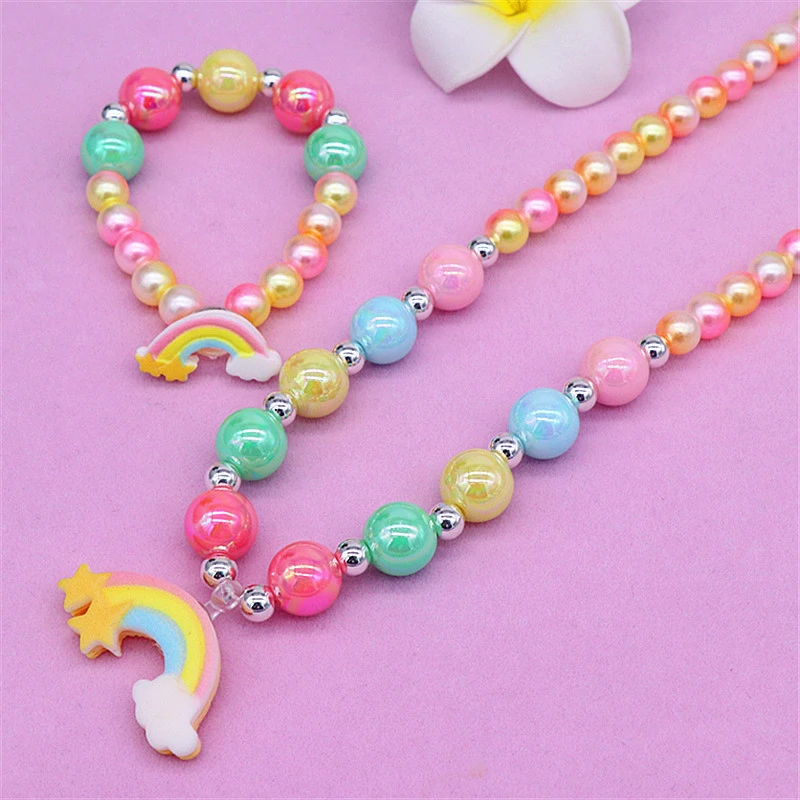 Children's Fashion Simple Rainbow Necklace Bracelet Jewelry Set