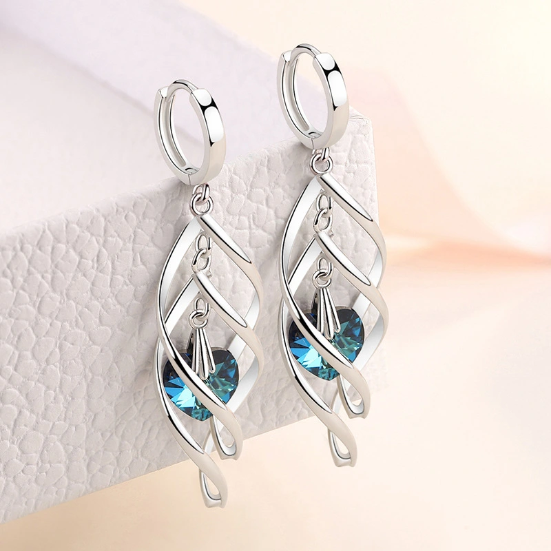 Blue Crystal Love Earrings French Temperament Peach Heart