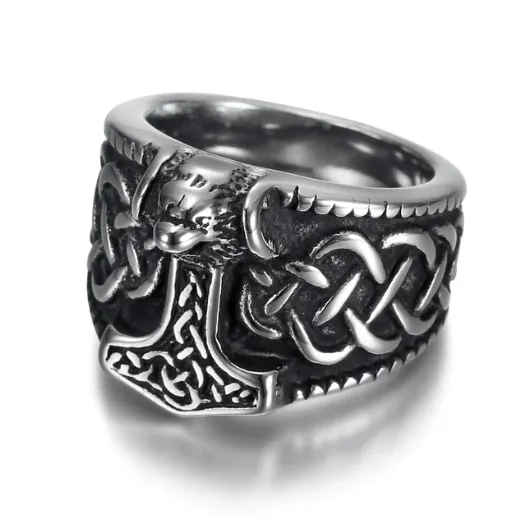 Beowulf Regalia Handcrafted Stainless Steel Thor's Hammer And Celtic Knotwork Ring