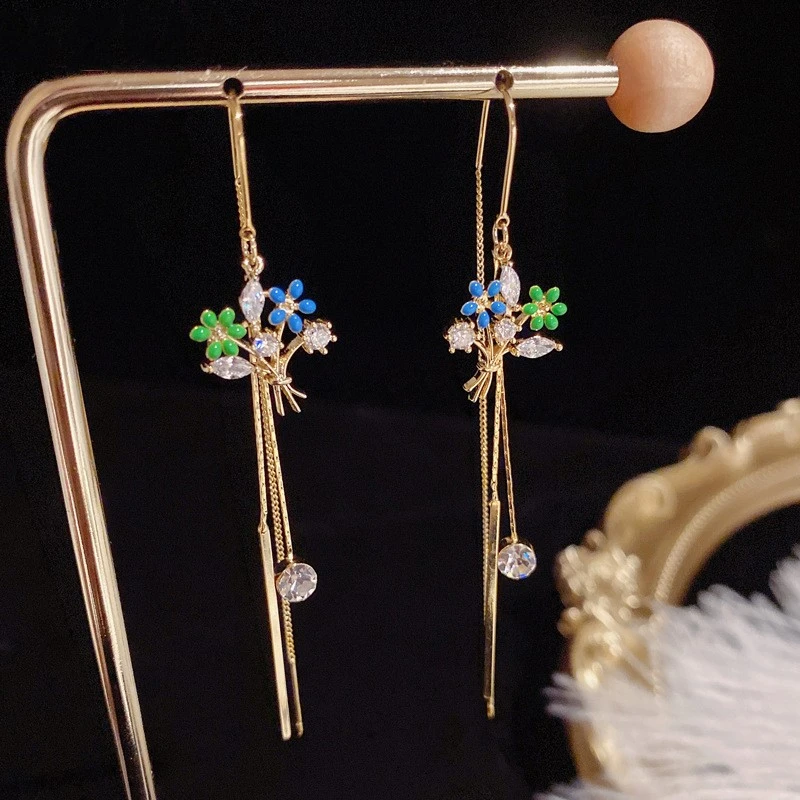 S925 Silver Needle Long Zircon Bouquet Tassel Ear Thread Female