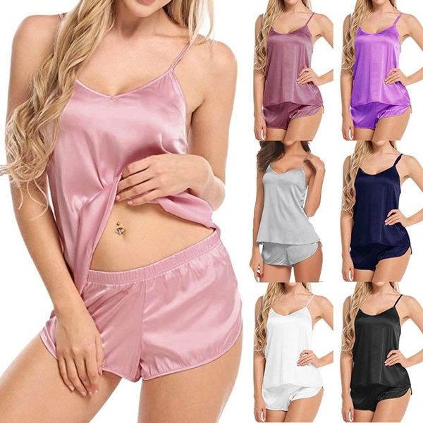 Newest Women's Ice Silky Pajamas Nightgowns Set Underwear Pajamas Pasta Strap Vest + Shorts Sleep Suit