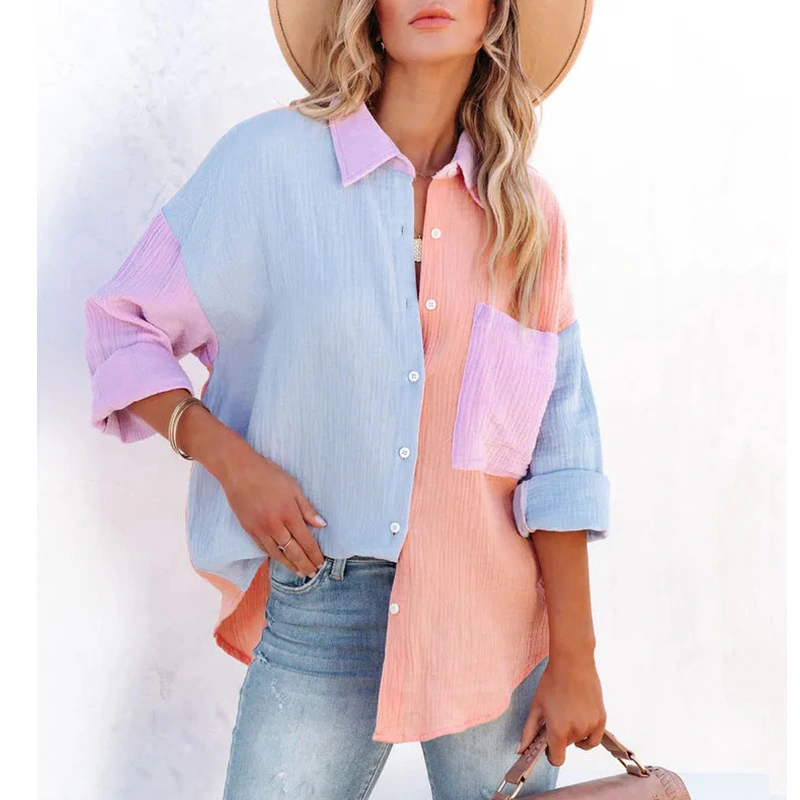 2023 summer new Zinc net red wind color contrast stitching drop shoulders long-sleeved shirt women