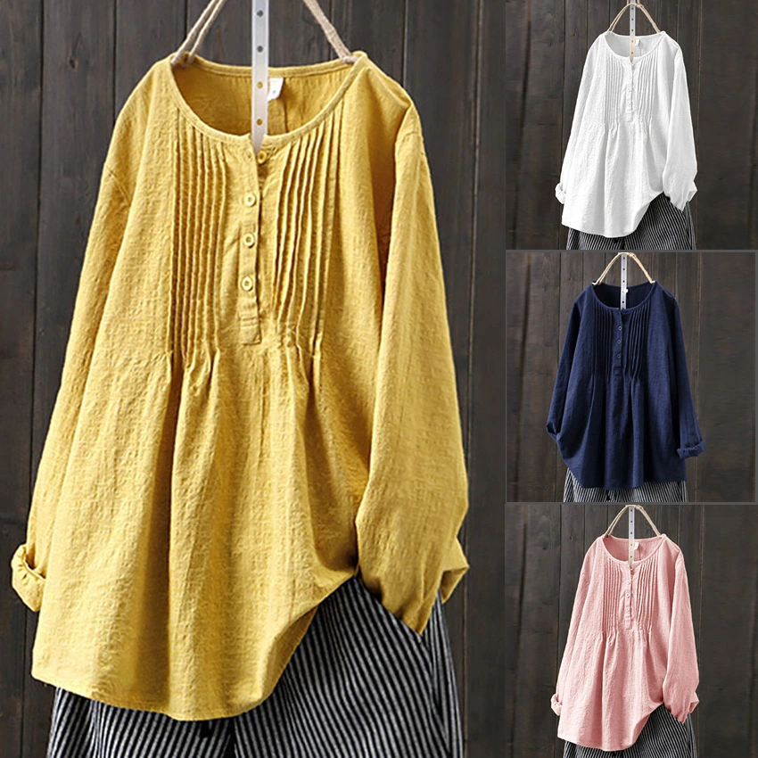 Spring 2023 New Loose Cotton Linen Long Sleeve Women's Pleated Round Neck Women's Large Shirt