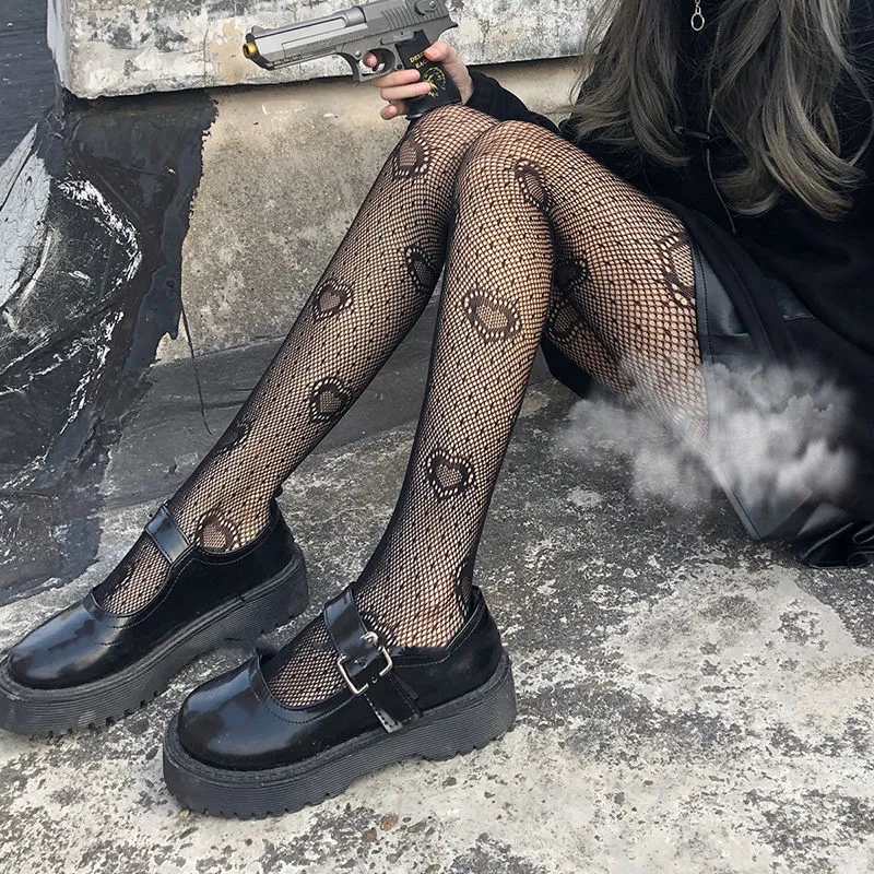 Pantyhose Women's Hollow Lace Black Love Fishing Net Socks Wear 