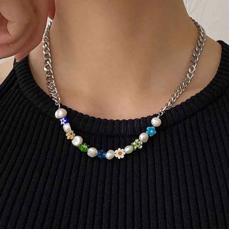 Pearl Colorful Glaze Flower Splice Necklace