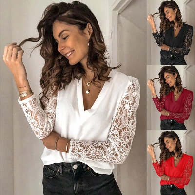 2023 New Spliced Lace Long Sleeve Chiffon Bottom Shirt Women's Wear