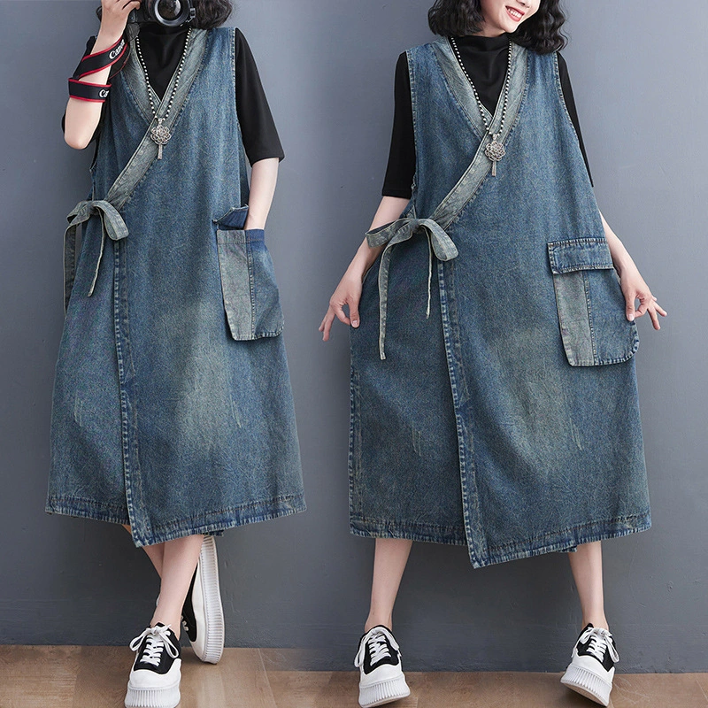 Vintage Diagonal Placket Lace Up Medium Length Denim Waistcoat Camisole Dress For Women