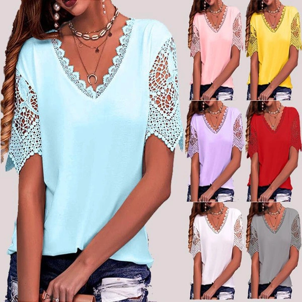 S-5XL Summer Women's Fashion Clothes Lace V-Neck Short Sleeve Shirts Casual Loose Tee Shirt Ladies Plus Size Tunic Tops