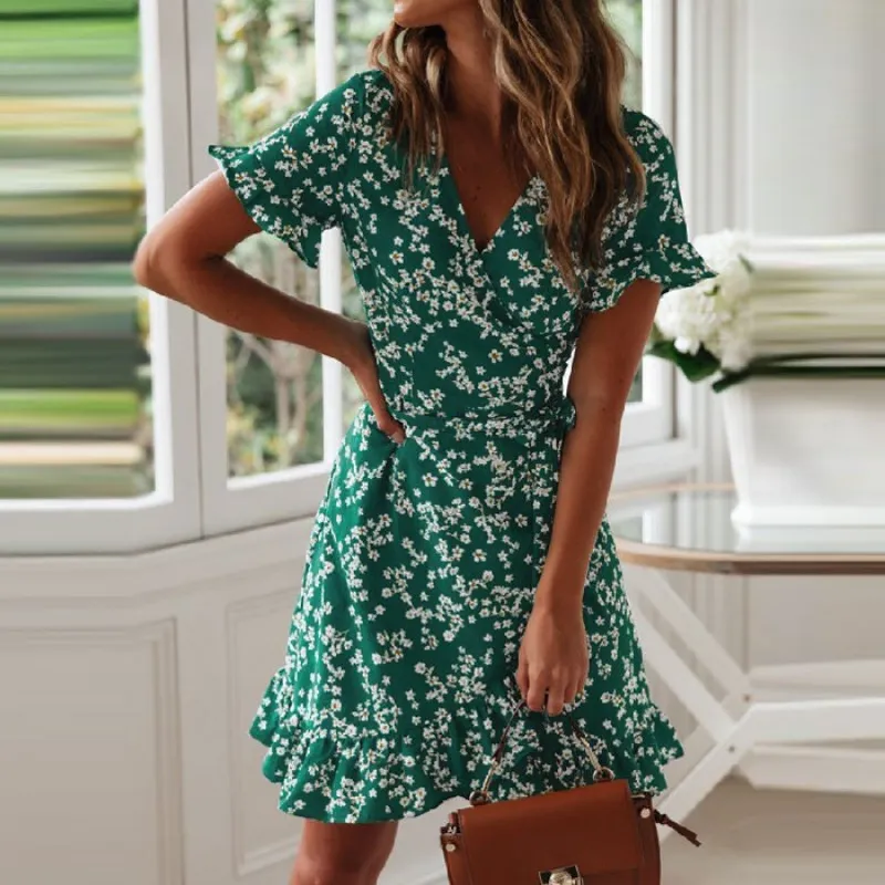 2023 Women Dresses Summer Sexy V Neck Floral Print Boho Beach Dress