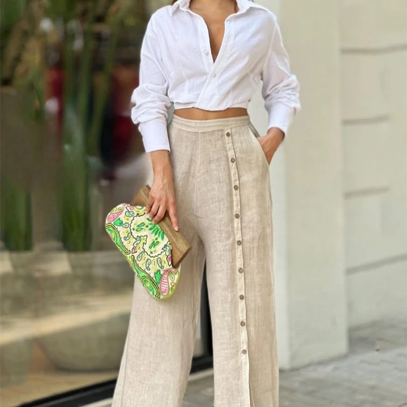 Fashion Casual Solid Color Lapel Shirt Loose Pants Two-piece Set