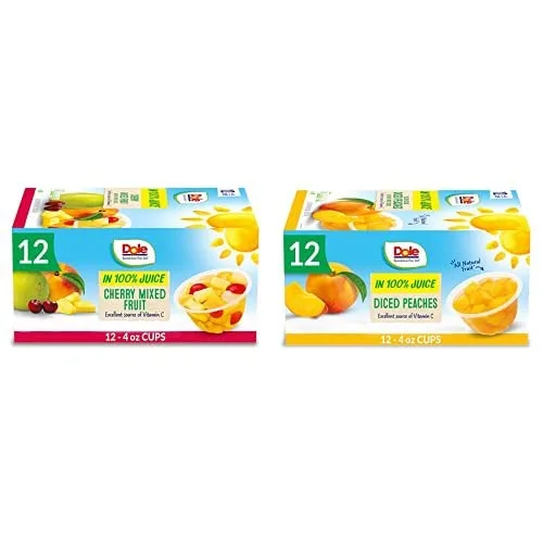Dole Fruit Bowls Cherry Mixed Fruit in 100% Juice 4oz (12 Cups) & Dole Fruit Bowls Diced Peaches in 100% Juice, 4 Ounce (12 Cups), Back To School Healthy Snack