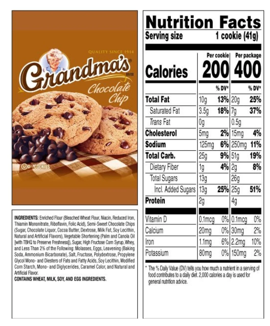 Grandma's Cookies Chocolate Chip Flavored 8 cookies 2 Per Pack (pack of 4)