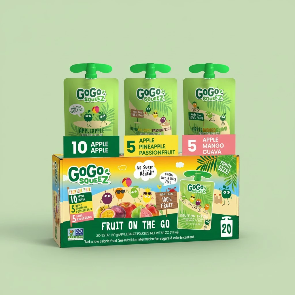 GoGo squeeZ Fruit on the Go Variety Pack, Apple, Mango Guava & Pineapple Passionfruit, 3.2 oz (Pack of 20), Unsweetened Snacks for Kids, No Gluten, Nut Dairy, Recloseable Cap, BPA Free Pouches