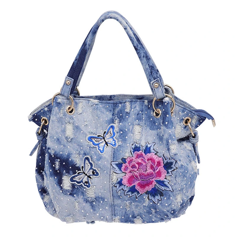 Multifunctional Casual Washed Denim Floral Shoulder Bag