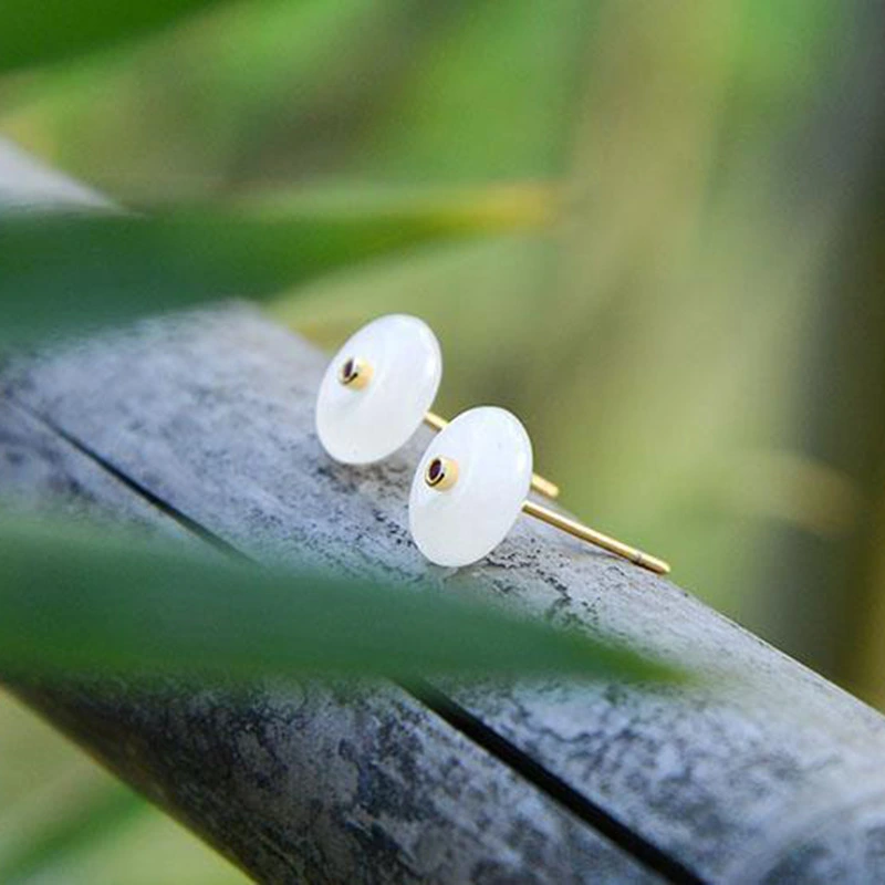 An Button Court Hetian White Jade Stud Earrings