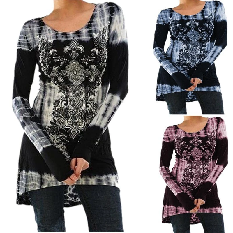 New print European and American women's mid-length long-sleeved T-shirt