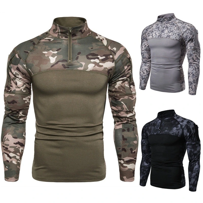 2023 Cross Border European Version Men's Military Field Outdoor Fitness Camo Long Sleeve Zip Pocket T-shirt Elastic Top