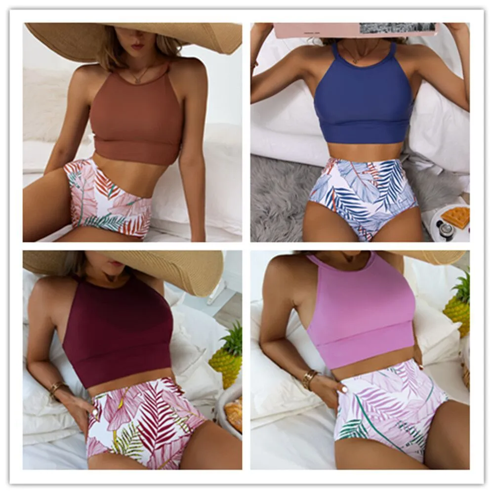 New European and American sexy print high waist split bikini ladies swimsuit