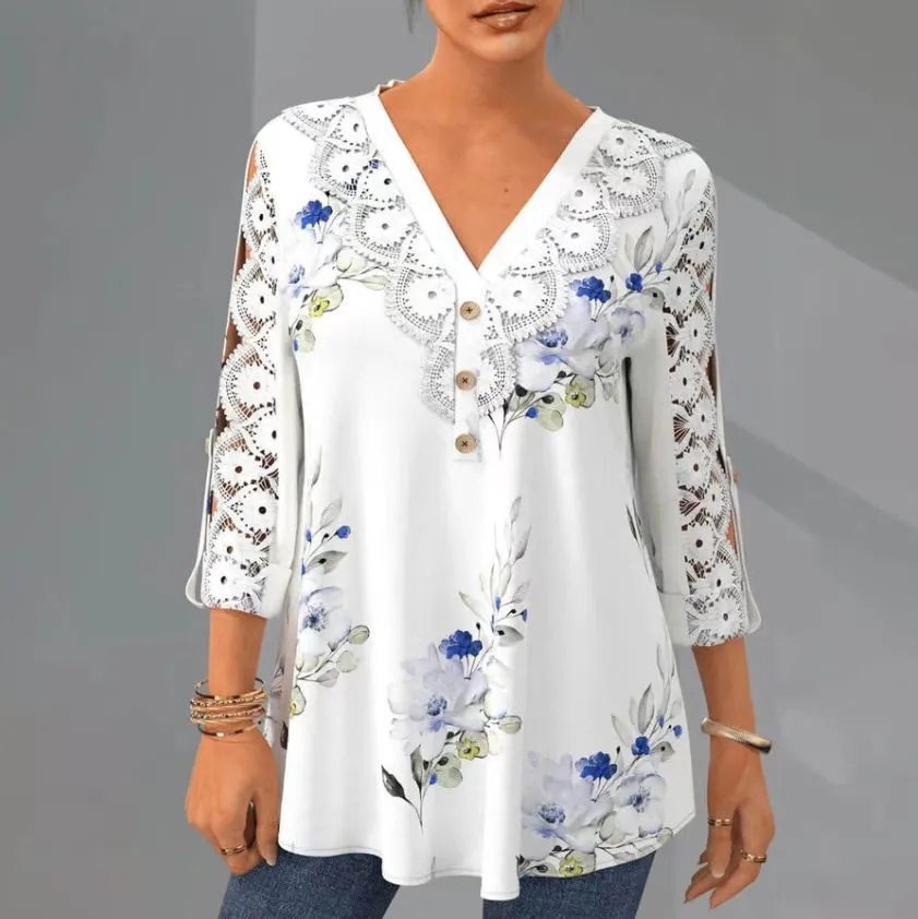 2023 PRINTED LACE LACE V NECK LOOSE 3/4 SLEEVE CASUAL SHIRT