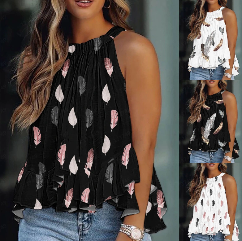 Women's Casual Printed Lace Round Neck Ruffle Hem Vest Camisole Swing Neck Summer Top