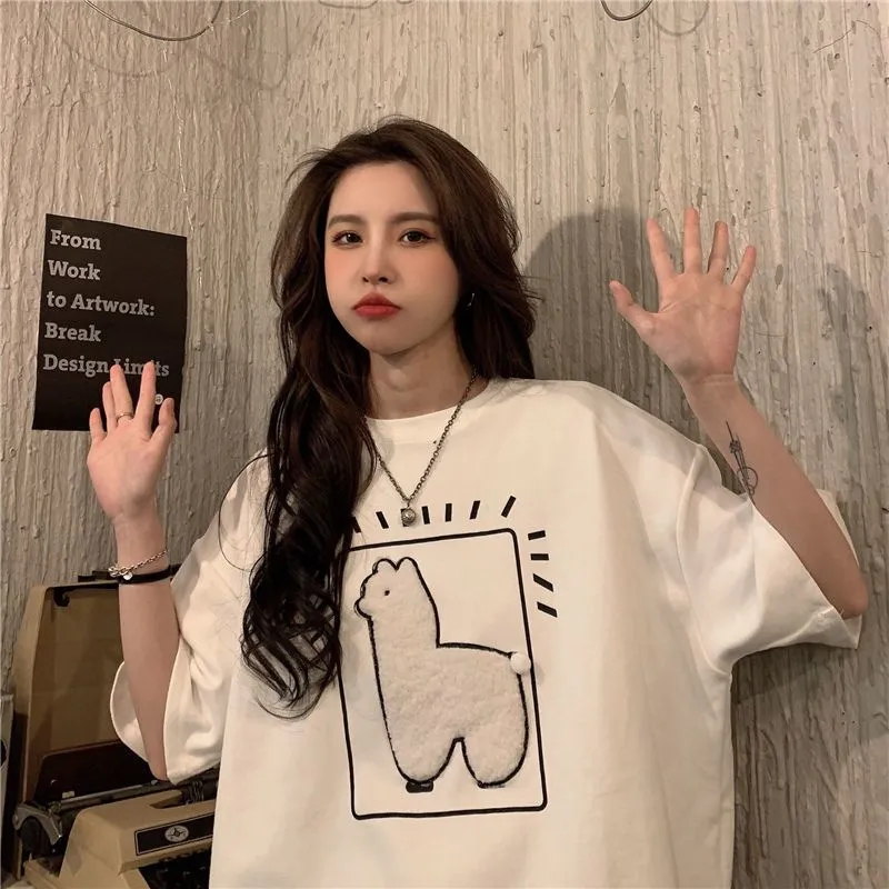 Spring and Summer New Stereoscopic Alpaca Short Sleeve T-Shirt Women's Korean Cartoon Large