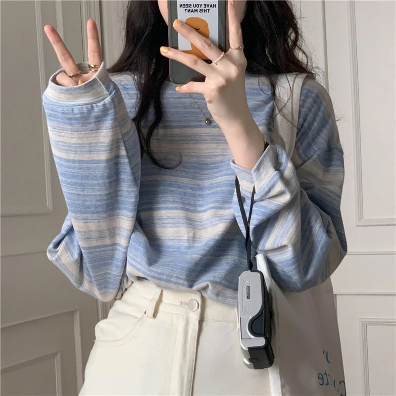 College Style New Stripe Long Sleeve T-shirt Women's 2023 Round Neck Girls' Loose Top Underlay ShirtCollege Style New Stripe Long Sleeve T-shirt Women's 2023 Round Neck Girls' Loose Top Underlay Shirt