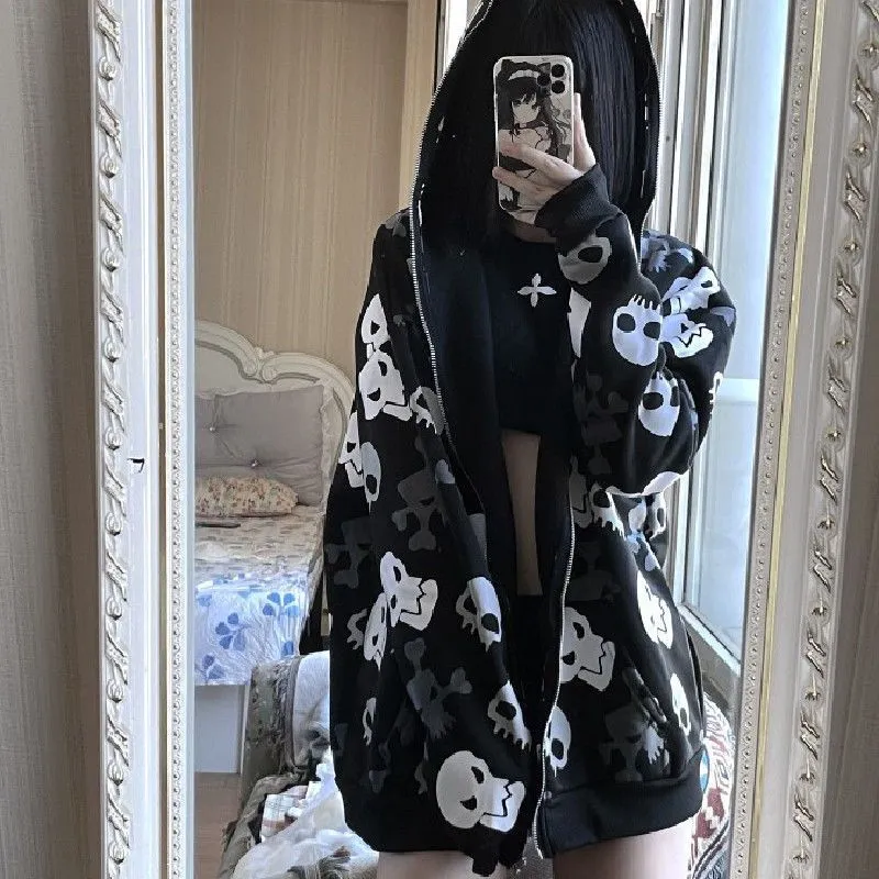 Dark wind skull cardigan sweater women's spring and autumn oversize loose hooded zipper thin coat ins tide