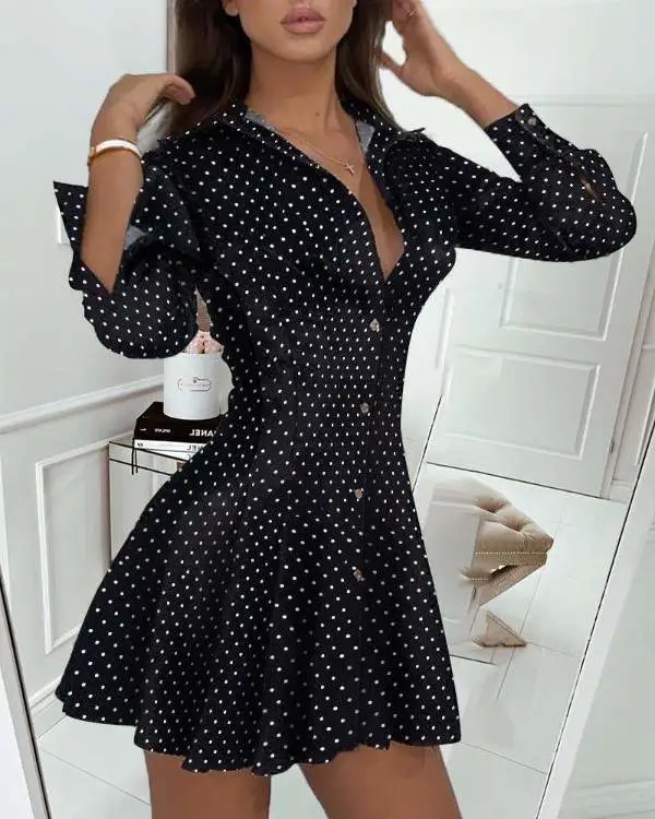 2023 European and American New Black Long-sleeved Deep V Shirt Dress