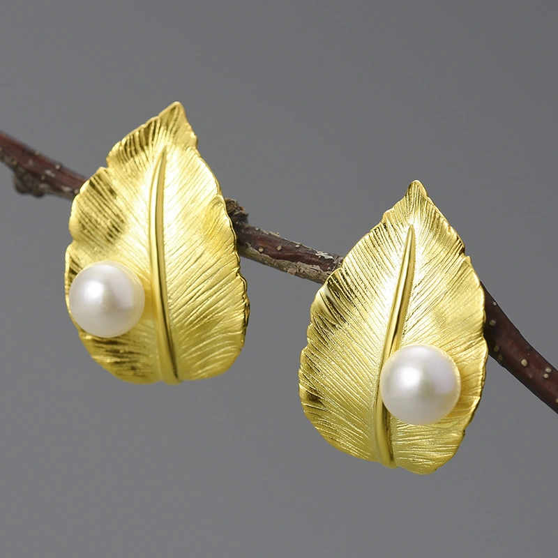 Sterling Silver Leaf Pearl Earrings