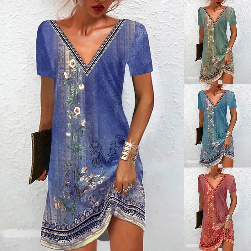 New ethnic style printed casual V-neck short-sleeved dress