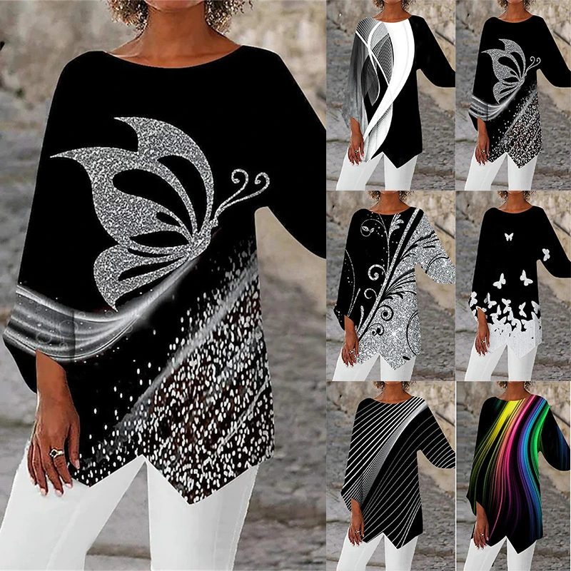 Spring/Summer geometric print long-sleeve stitching round neck shirt