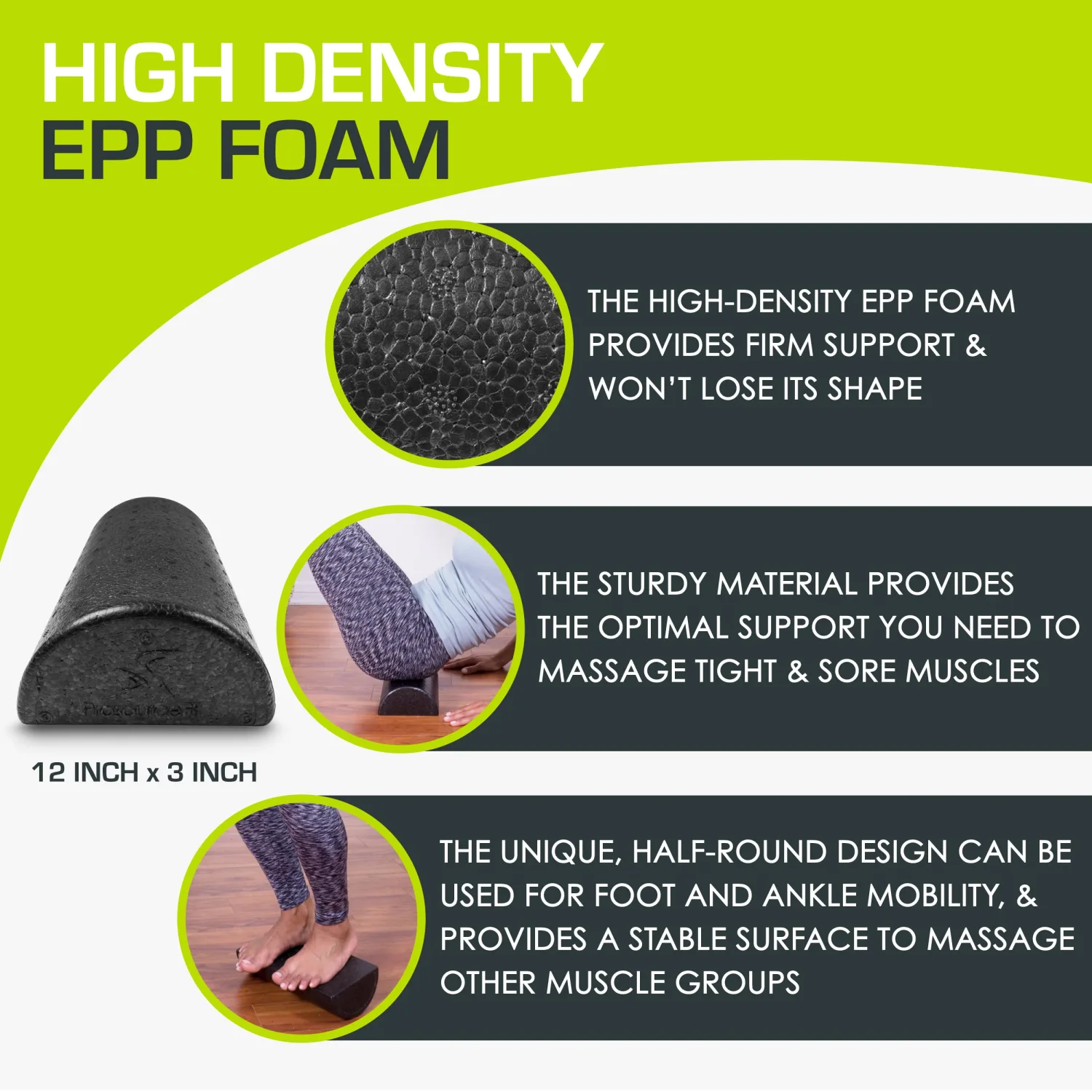 ProsourceFit High Density Half-Round Foam Rollers for Body Conditioning, Pilates, Yoga, Stretching, Balance & Core Exercises, 3 Sizes 12 inch, 18 inch and 36 inch, Black