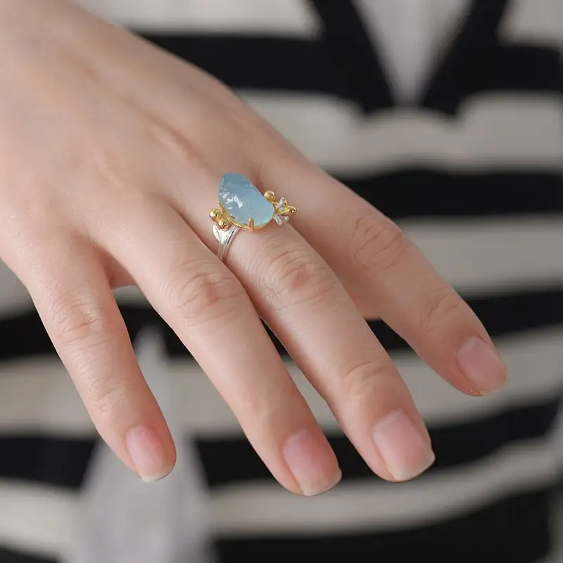 Natural Aquamarine Flower Adjustable Ring